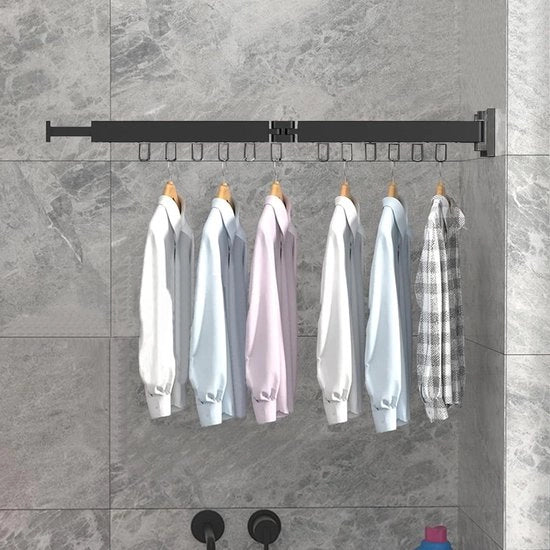 Droogrek per parete con ganci - asciugamani e capi di abbigliamento - con supporto per asciugamani - per balcone, lavanderia, bagno, terrazza - nero - due pezzi