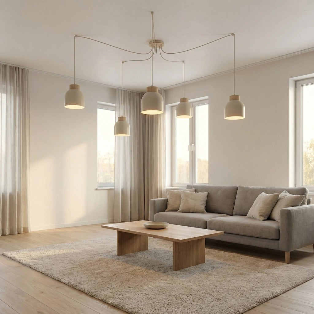 Lampada a sospensione KRU in acciaio beige e legno