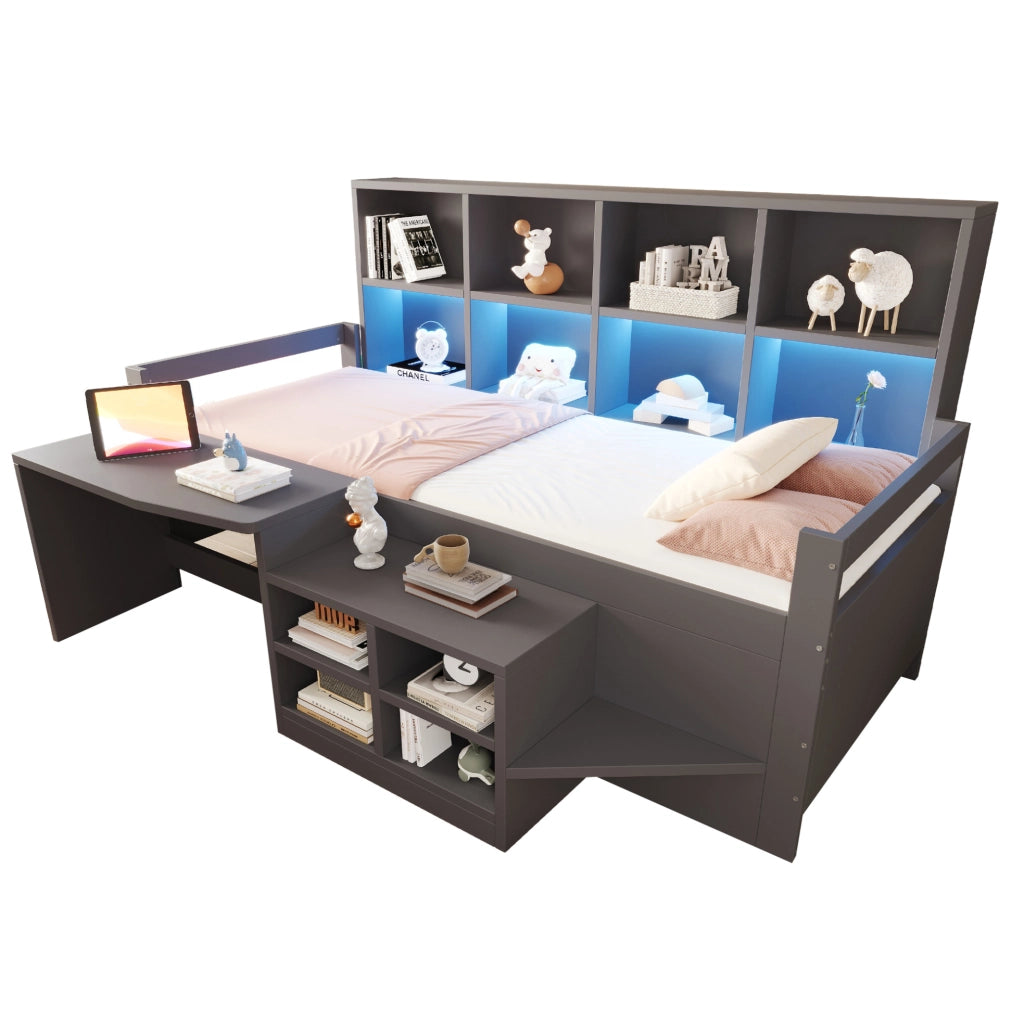 Letto a soppalco 90x200 cm con scrivania; vani portaoggetti e LED in legno e legno sintetico grigio