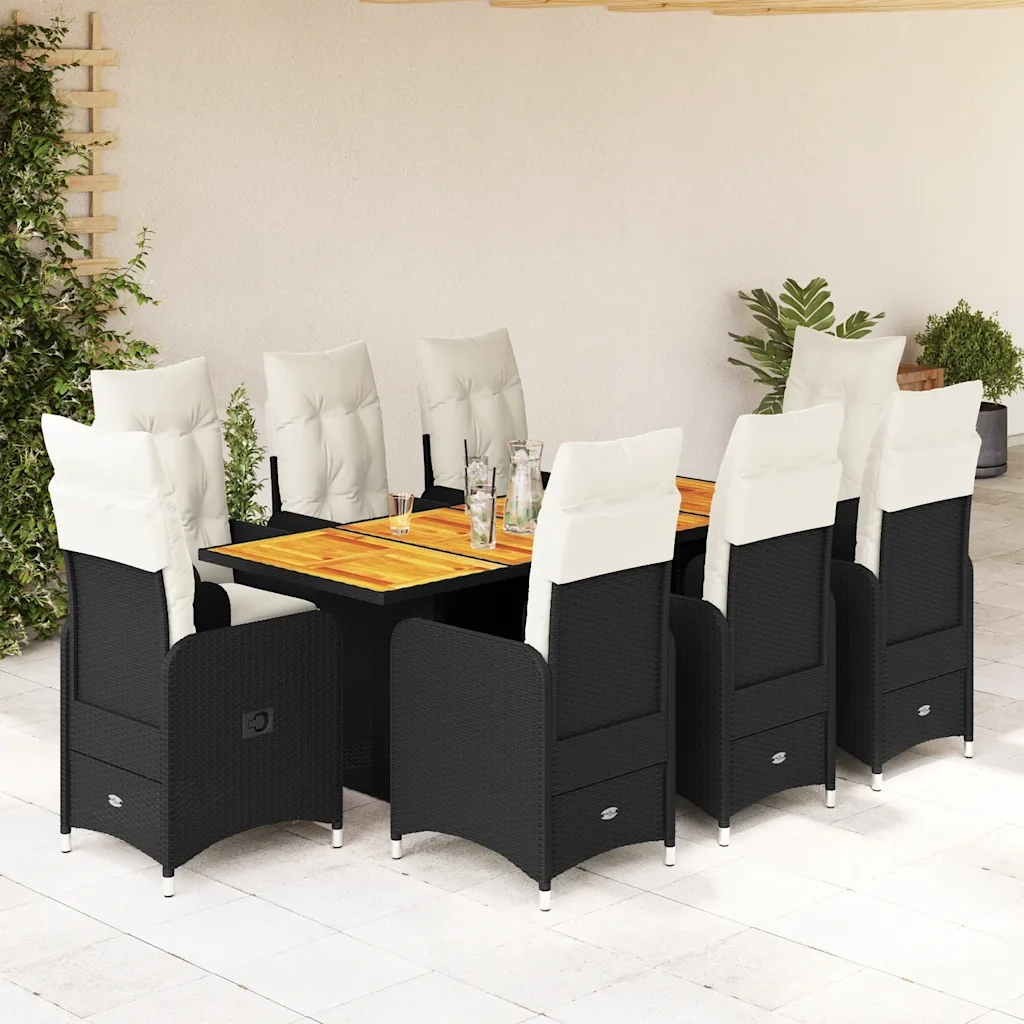 vidaXL Set Bistrò da Giardino 9 pz con Cuscini in Polyrattan Nero