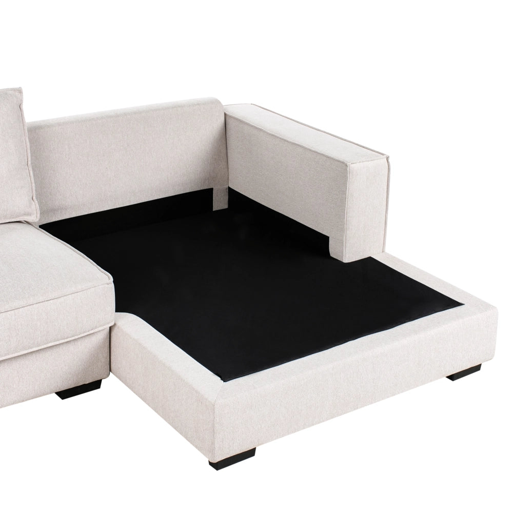 Divano 2 posti ad angolo con schienale in tessuto imbottito e cuscini beige chiaro lato sinistro stile moderno