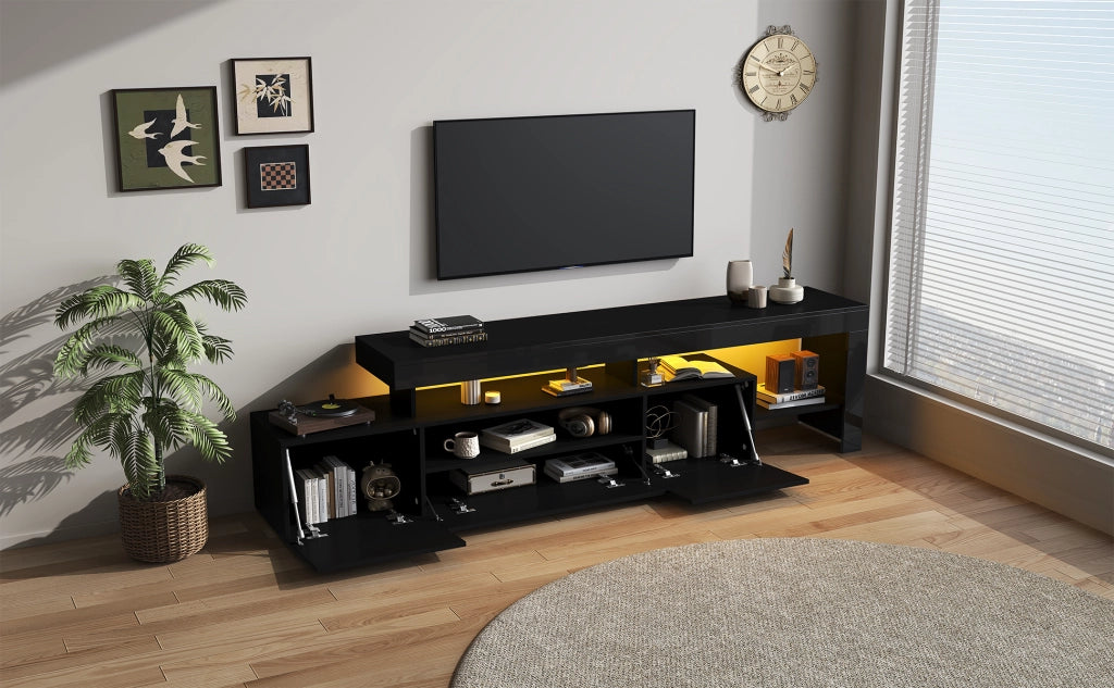 Mobile porta TV con LED, 3 ante e vani aperti, per soggiorno, in pannello truciolare, nero, 192 × 37 × 53 cm