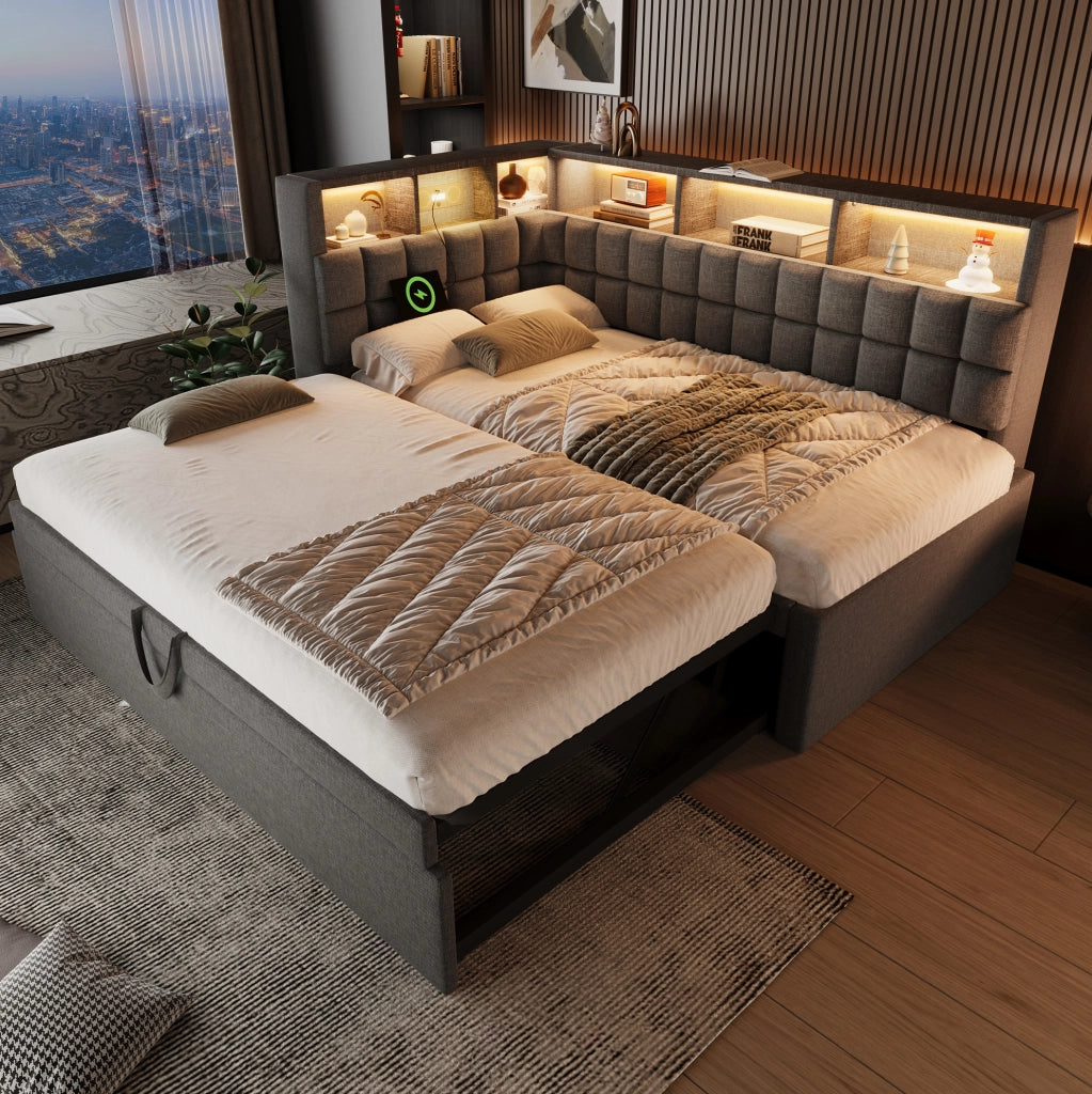 Letto imbottito con rete estraibile, LED, Bluetooth e porta USB/Type-C, grigio