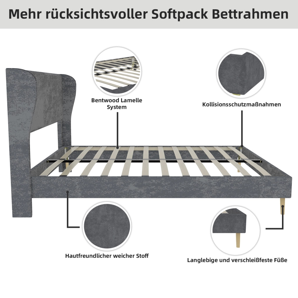 Letto Matrimoniale 140 x 200 cm con Testiera Imbottita; Tessuto e Metallo; Grigio