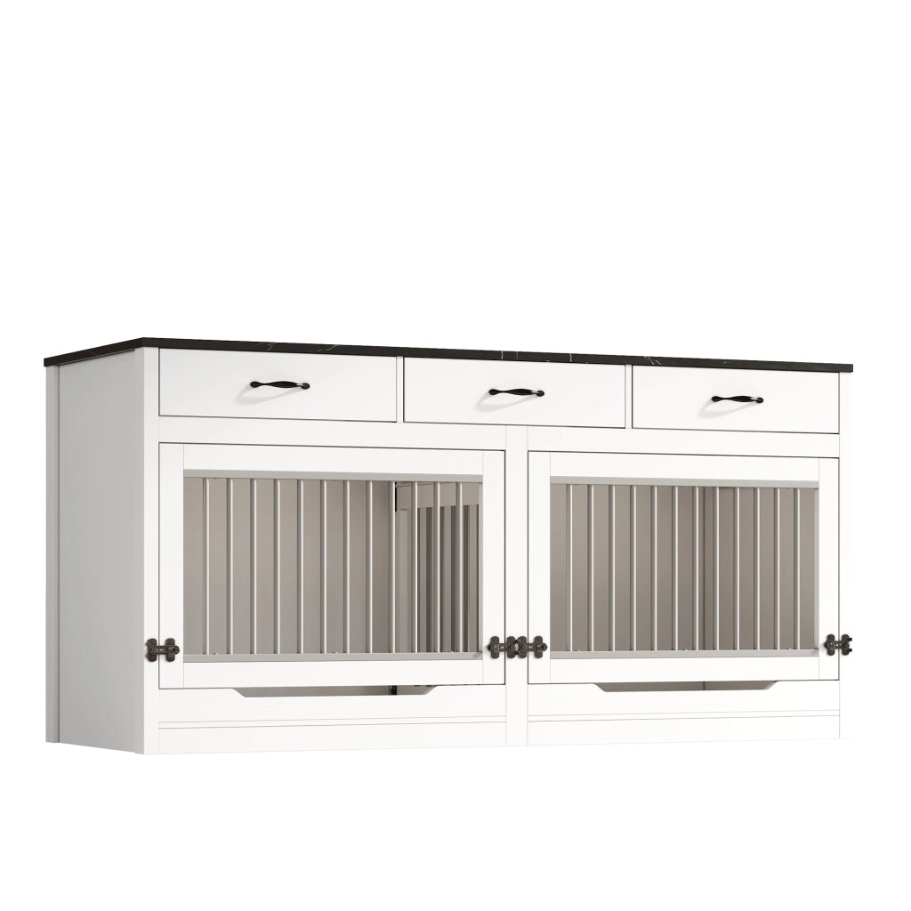 Gabbia per cani con 3 cassetti e divisorio rimovibile per interno; MDF e metallo; bianco e nero 164×60×81 cm