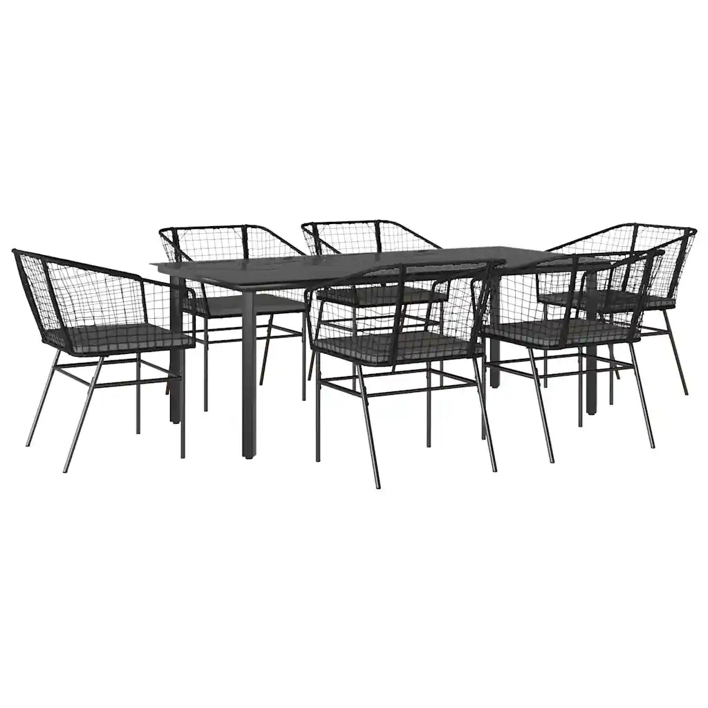 Set Pranzo da Giardino 7 pz Nero con Cuscini Polyrattan Vetro 3334602