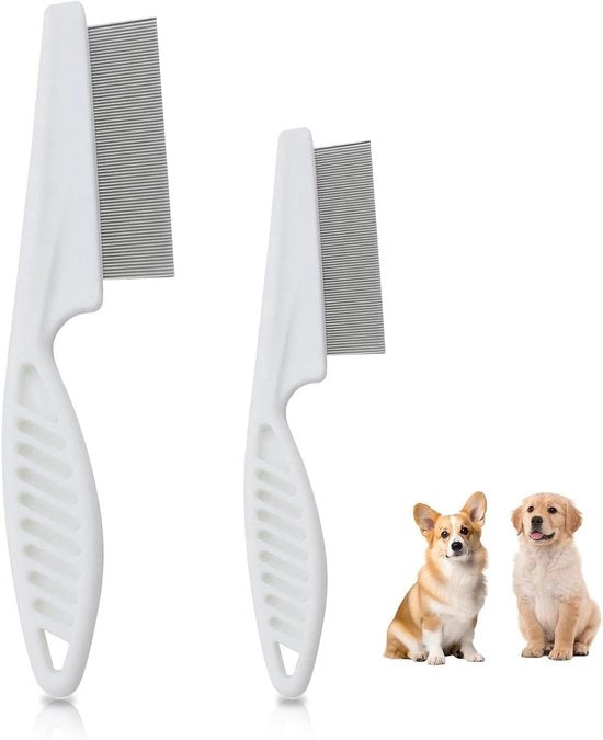 Set di Due Pettini per Cani - 2 Pezzi Acciaio Inossidabile con Manico Antiscivolo per Rimuovere Macchie Lacrimali, Zecche e Trecce - Ideale per Cani e Gatti (Bianco)