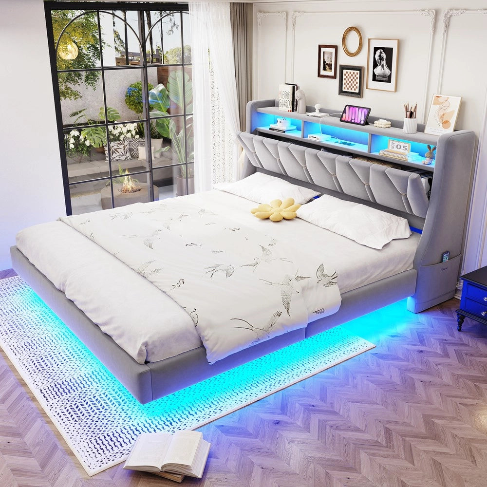 Letto Imbottito 180x200 con LED e Testiera Ribaltabile ¨C MINIMAL ¨C Velluto Grigio Chiaro