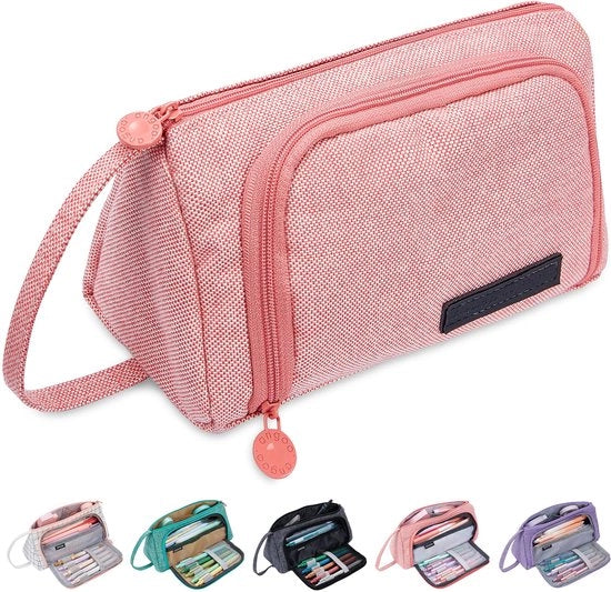 Etui grande, 2-compartmenti con maniglia, organizzatore portatile per articoli da ufficio, etui, organizzatore carino per scuola, ufficio, ragazze, donne (rosa)
