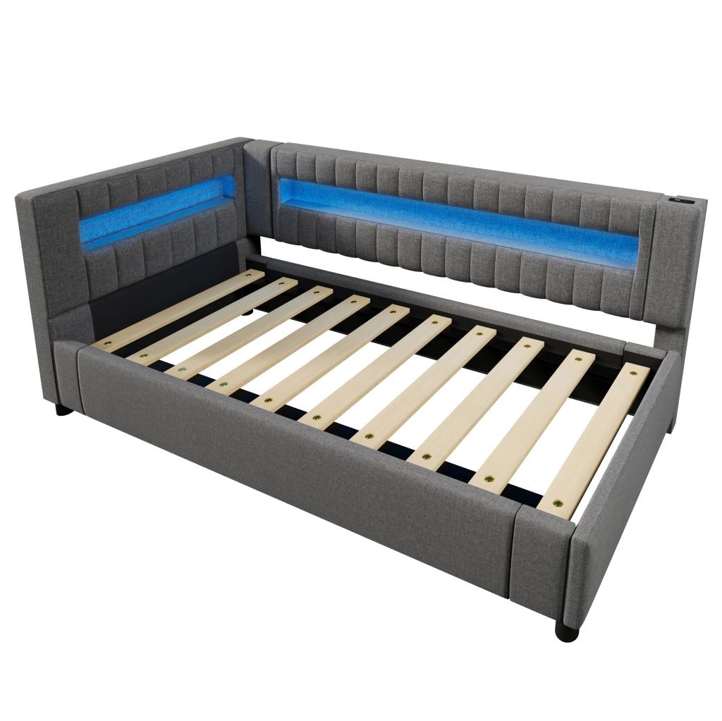 Letto daybed 90x200 cm con contenitore idraulico e LED in lino grigio