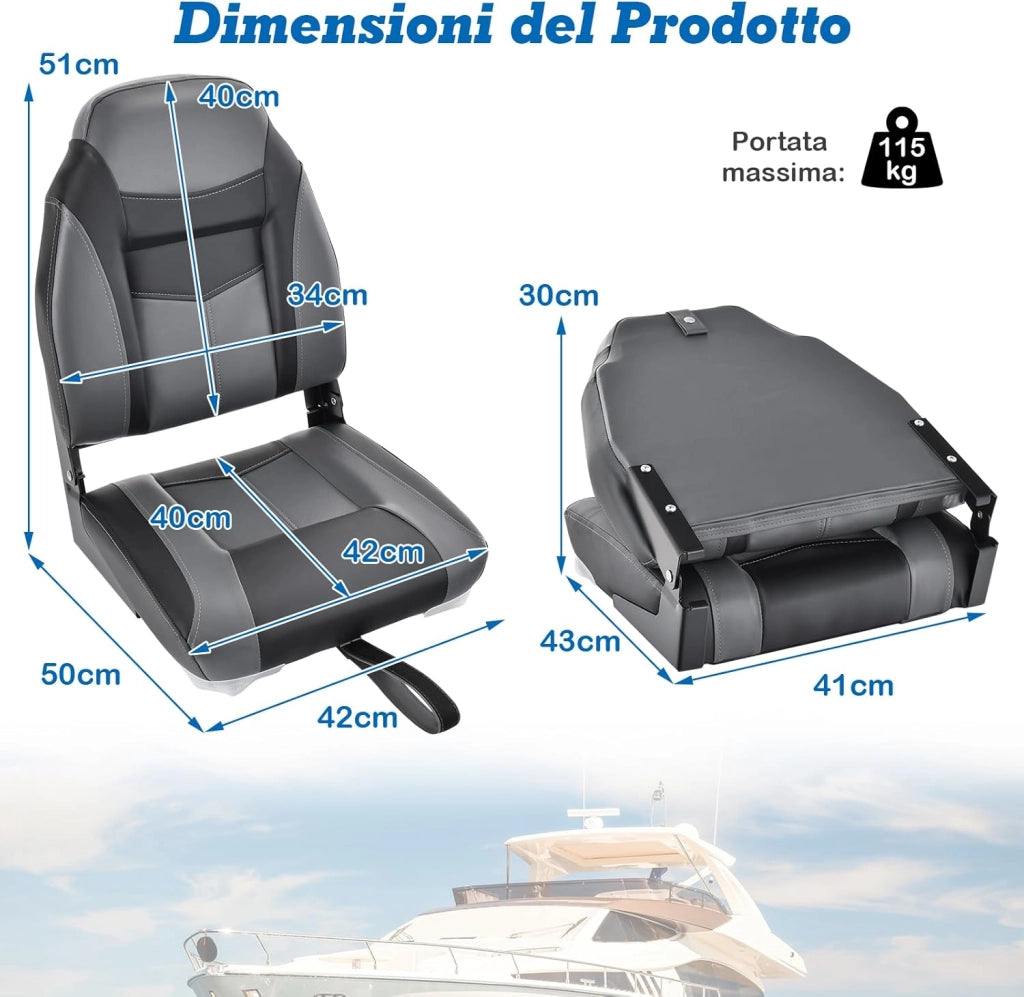 Sedia da Barca, Sedile da Barca Pieghevole con Morbido Cuscino Imbottito, Rivestimento in PVC Impermeabile, 4 Viti Incluse