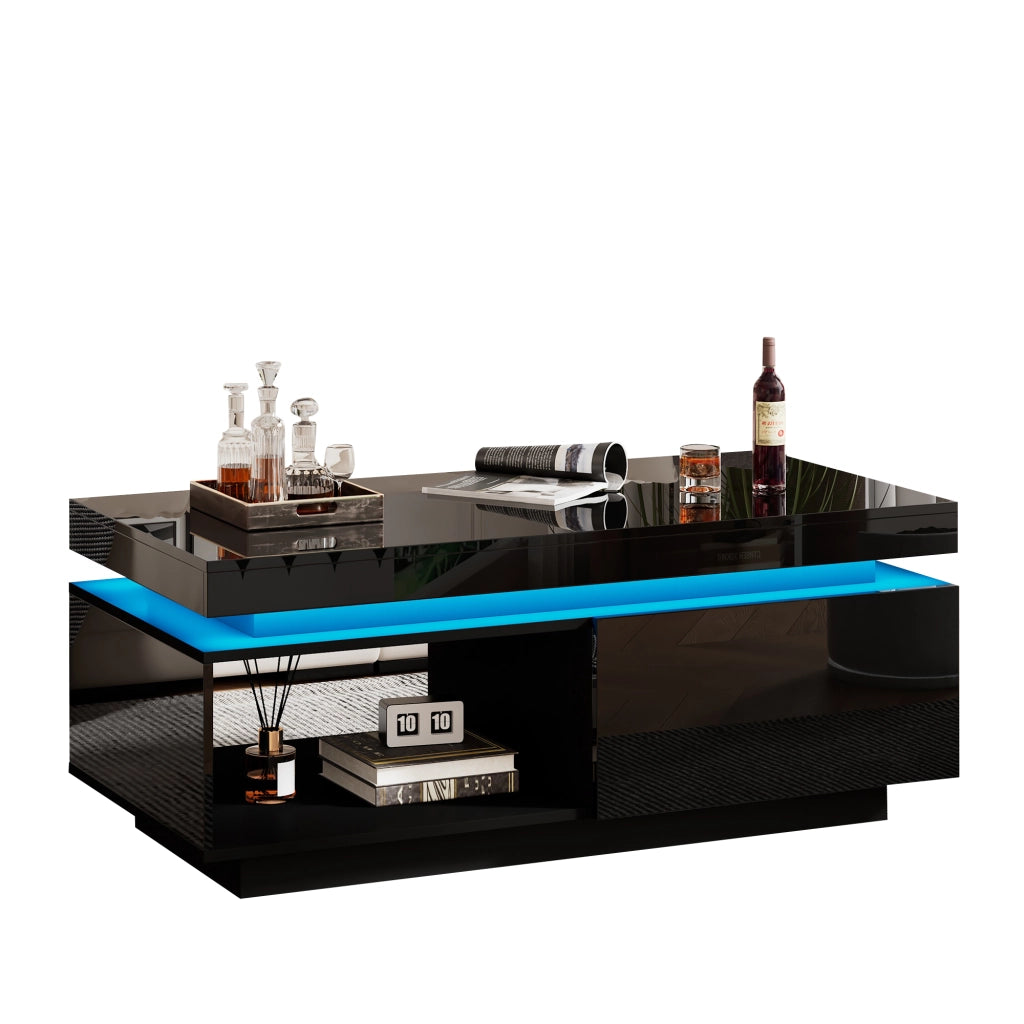 Tavolino da salotto 100x50x40;3 cm; finitura lucida con illuminazione LED; truciolato nero