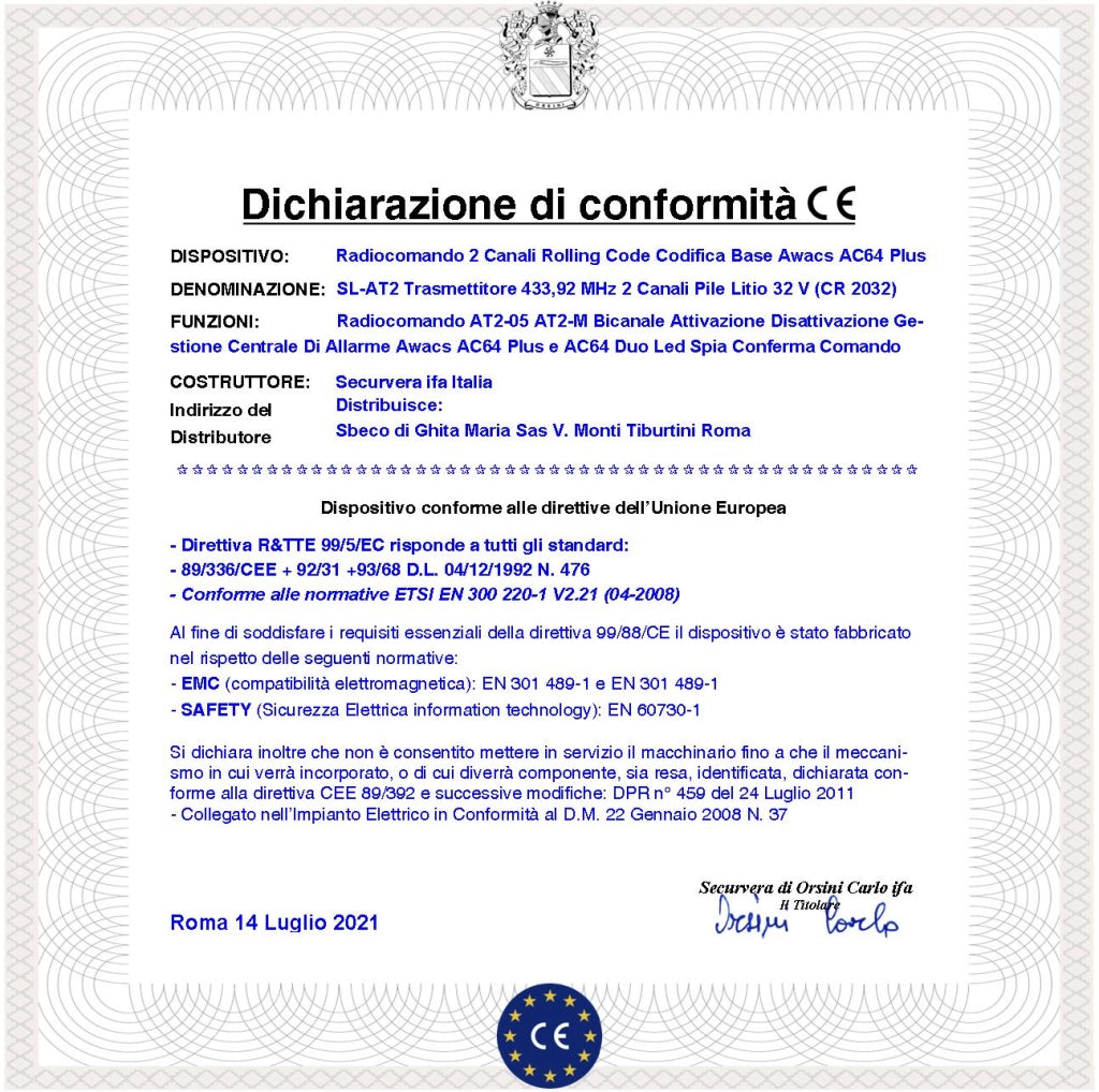 Radiocomando AT2 duo 2 Pezzi Radiofrequenza 433,92 MHz 2 Canali Tasti Nero e Rosso Emette Codici Univoci Gestione Centrale Allarme Awacs AC64 Duo e AC64 plus