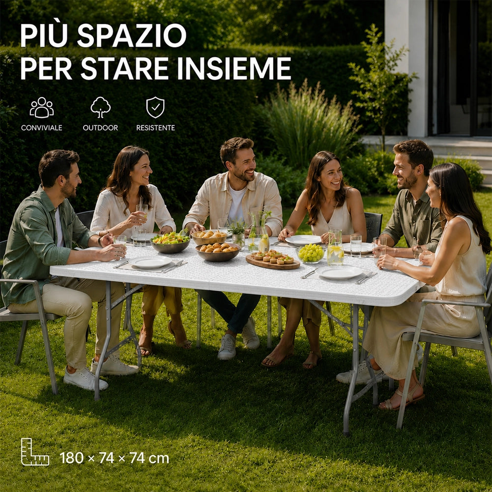 Tavolo Pieghevole Bianco Polyrattan Resistente Tavolino da Esterno 180x74x74cm