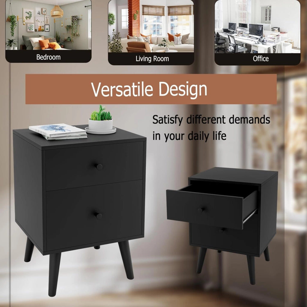 Comodino con 2 cassetti, tavolino con gambe in legno di gomma, comodino per soggiorno, camera da letto, 45×39,5x61,5cm