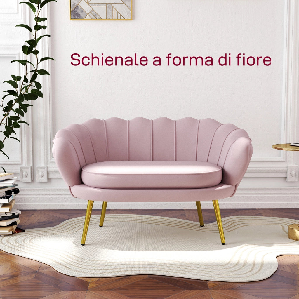 Divanetto 2 Posti in Stile Industrial Chic in Tessuto Effetto Velluto e Metallo, 130x77x77 cm, Rosa