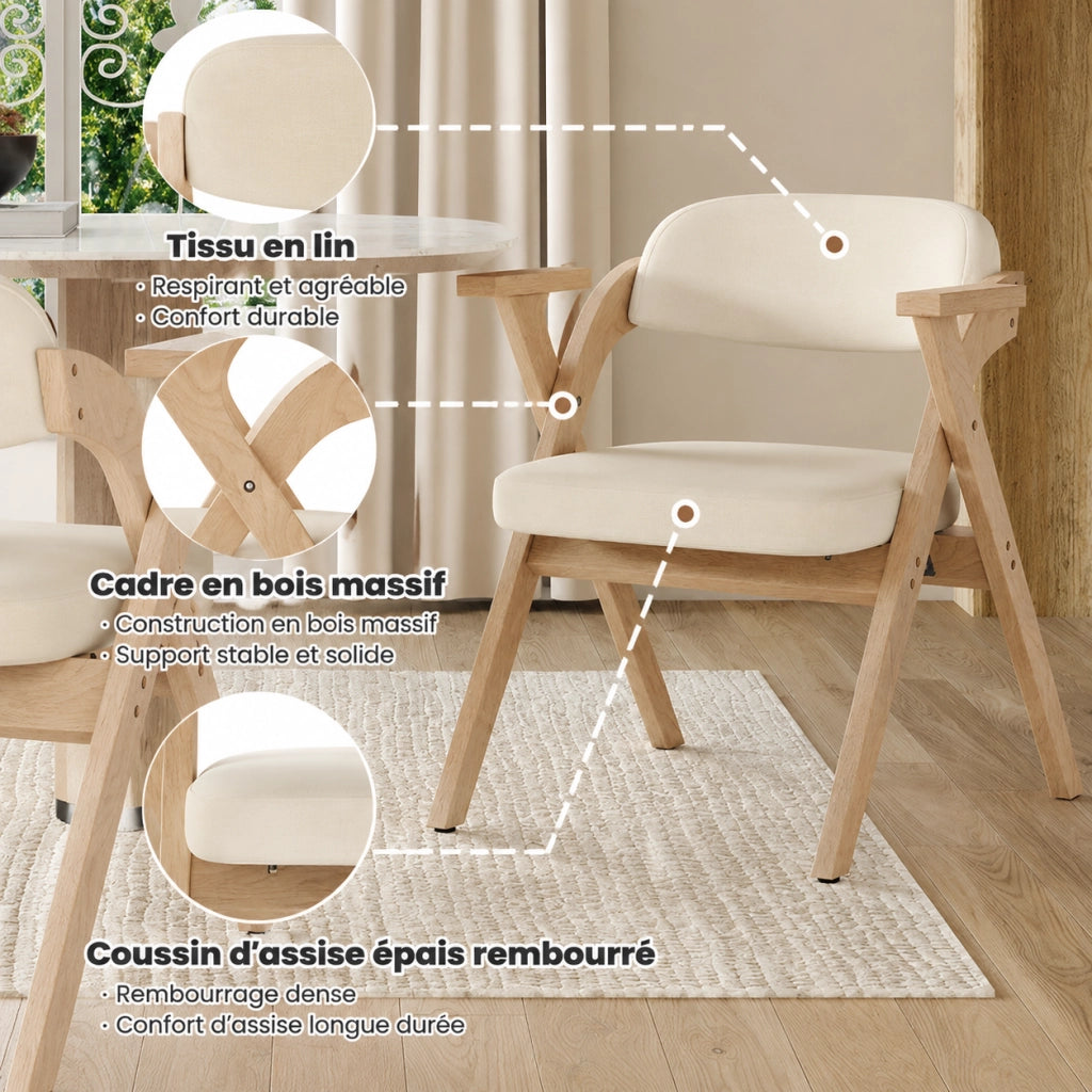 Set di 4 sedie pieghevoli da pranzo con struttura in legno e cuscino in lino beige