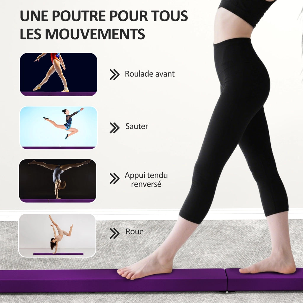 Poutre Gymnastique Pliable 210 cm en Velours Violet