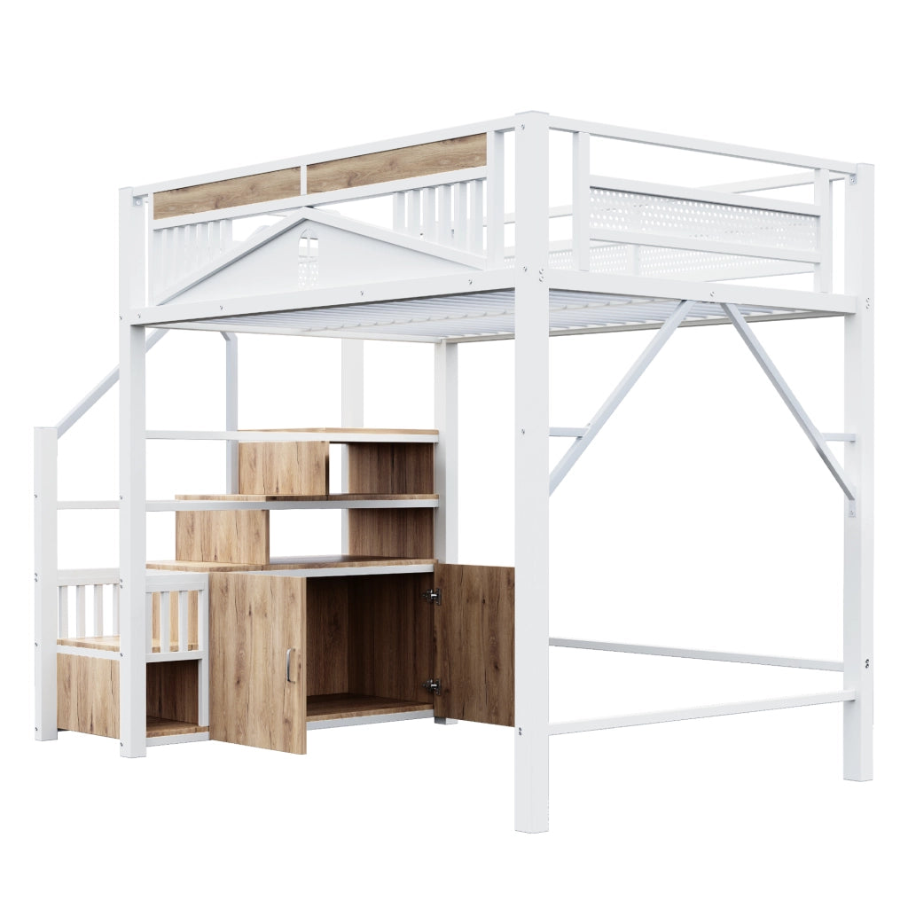 OKWISH Letto a Soppalco 140×200 cm, Letto Matrimoniale con Scala Contenitore, Armadietto e Sponda con Finestra, senza Materasso, Bianco