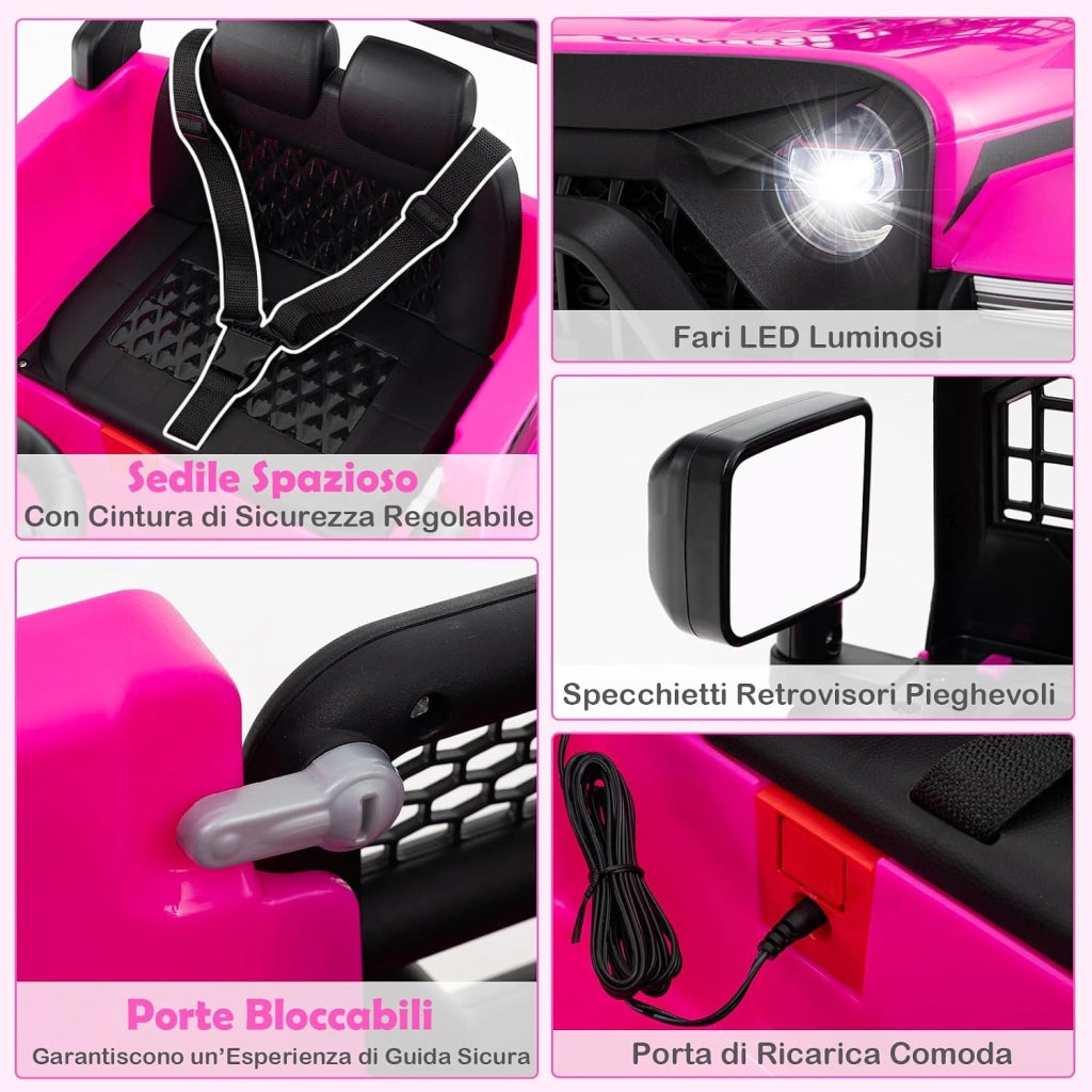 12V Macchina elettrcia per Bambini, Auto con Telecomando 3 Velocità Luci LED Musica, Doppi Motori, Veicolo Elettrico per Bambini 3+ Anni, Carico 30 kg (Rosa)