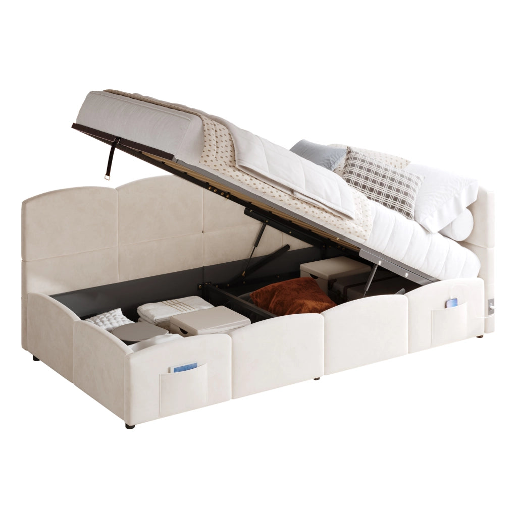 Divano letto con contenitore idraulico 90x200 cm in velluto beige; con USB-A e USB-C