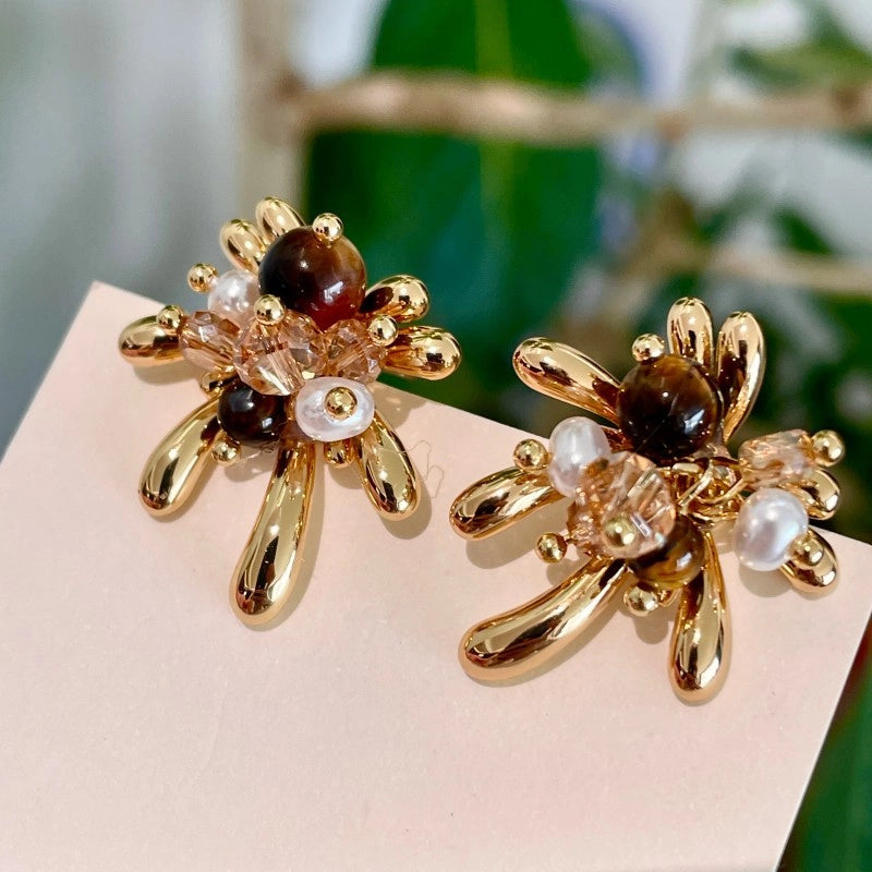 Orecchini Golden Firework Pearl Crystal Tiger Eye