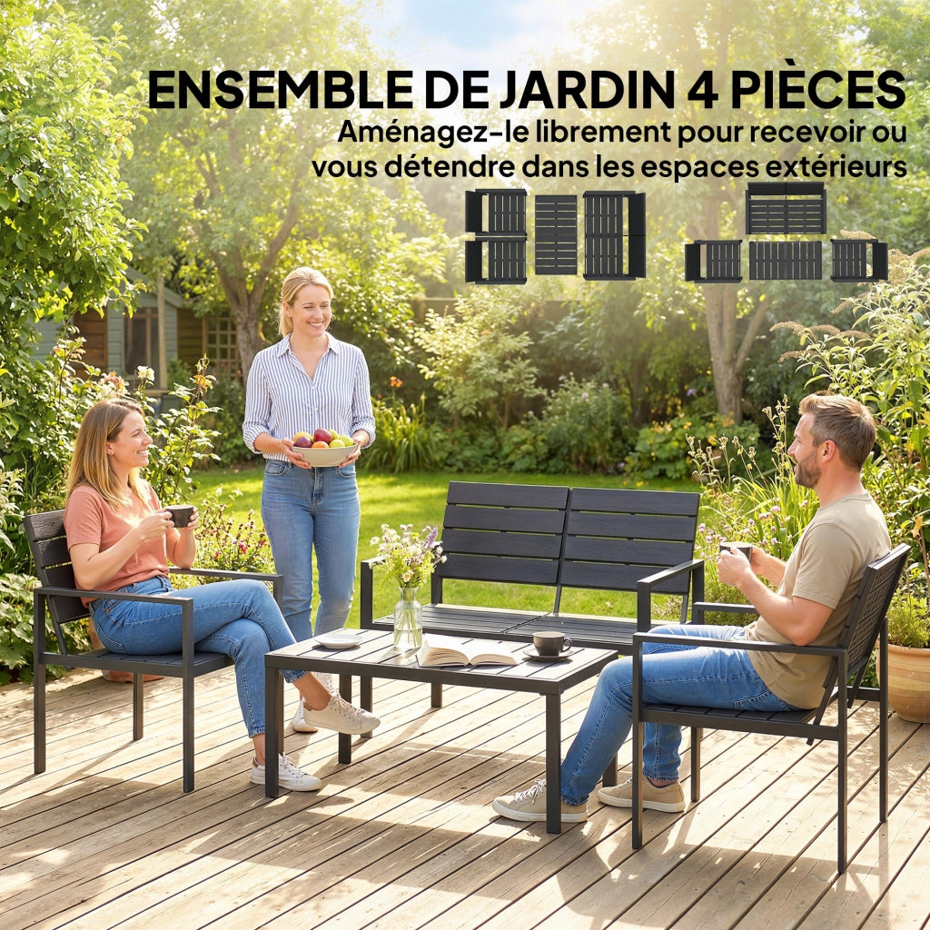 Set salotto da giardino 4 pezzi in HDPE nero con divano 2 posti, 2 poltrone e tavolino da caffe, resistente per terrazzo e veranda