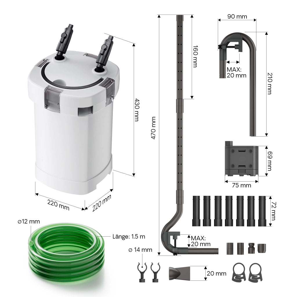 HW-505A Filtro esterno per acquari con pompa 800 l/h, filtro a 4 stadi con mezzi e spugne filtranti inclusi