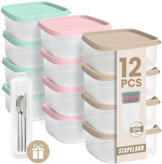12 Contenitori di conservazione alimentare con coperchio + 1 contenitore di utensili gratuito | Contenitori di conservazione alimentare | Scatole con coperchio | Senza BPA | 350 ml | Prodotto in Europa (12 e 350 ml)