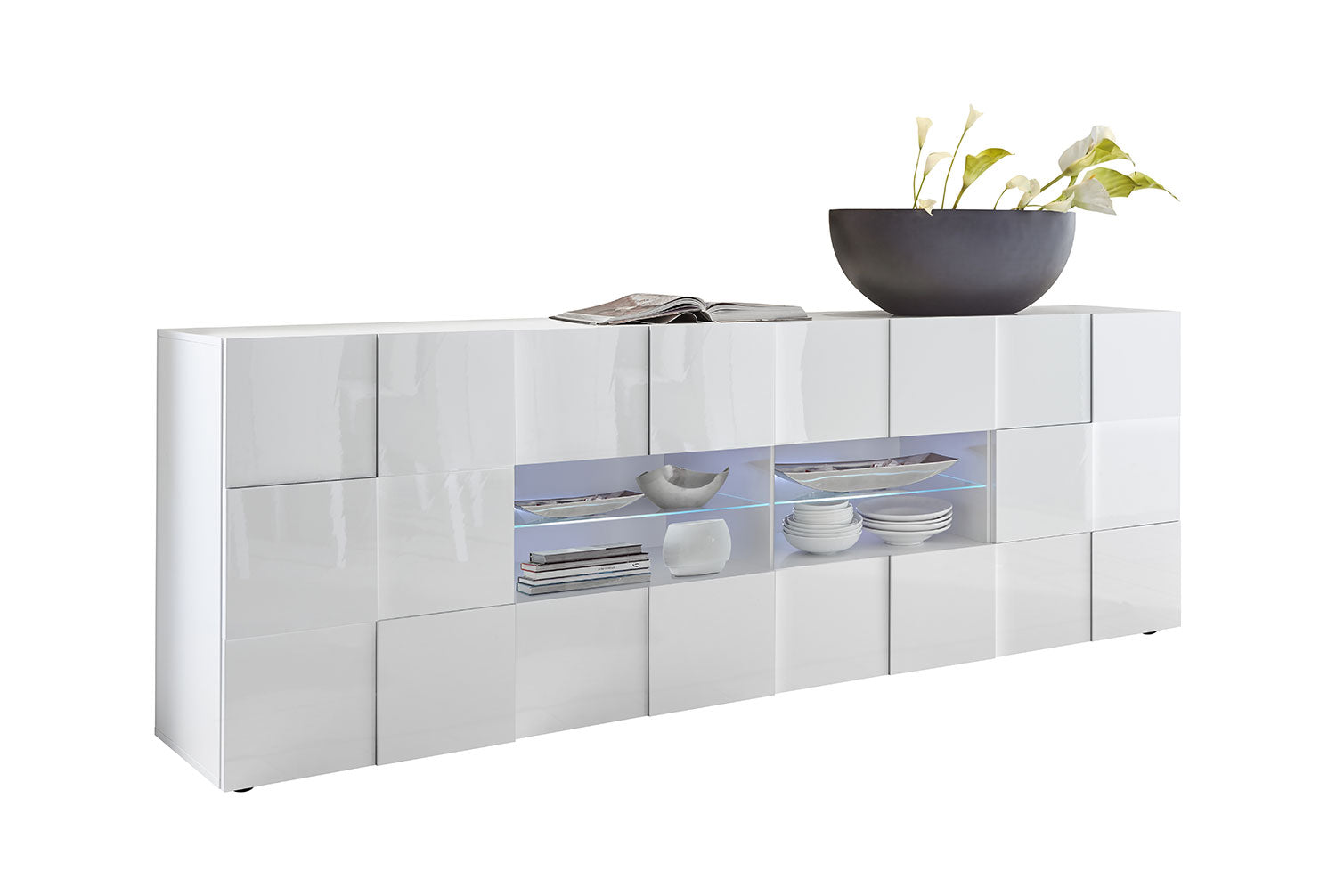 Madia Moderna 2 Ante 4 Cassetti Design a Scacchi Modello Dama 241x43x84 cm Bianco Lucido