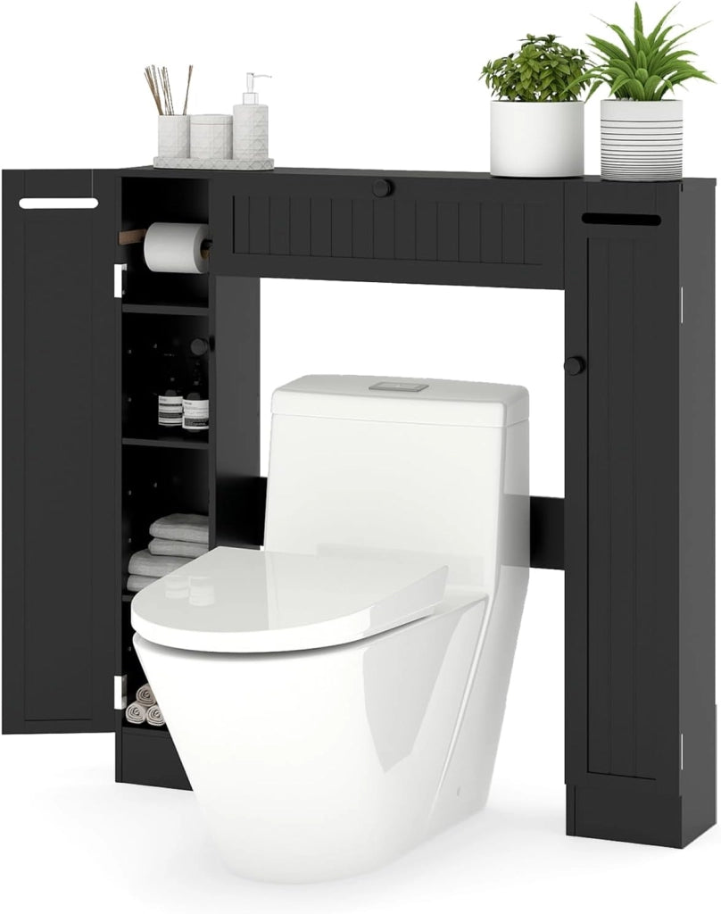 Mobile Sopra WC, Mobile per Bagno con Ripiani Regolabili Portarotolo per Carta Igienica e Anta Ribaltabile, Ideale per Bagno Lavanderia, 89x19,5x99 cm (Bianco)