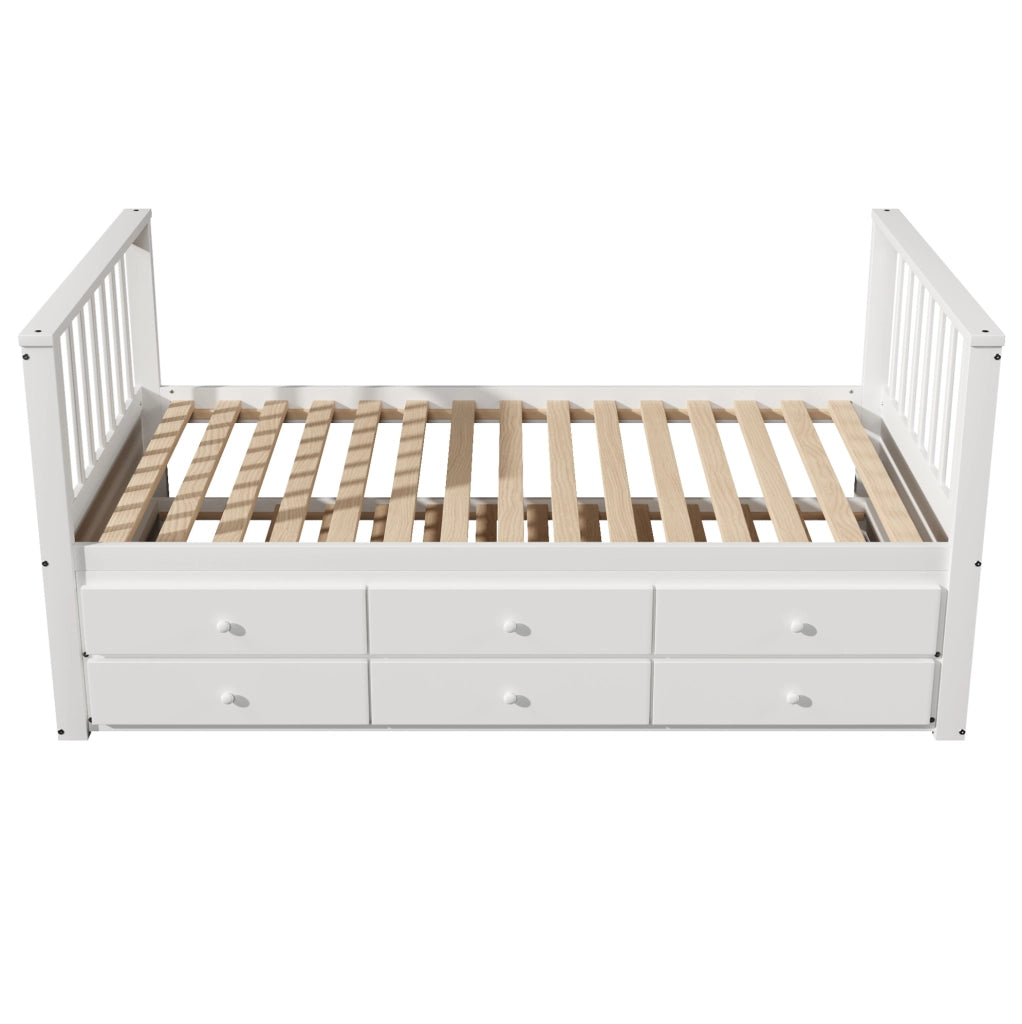 Letto a una piazza 90x200 cm con cassetti e letto estraibile in pino e MDF bianco