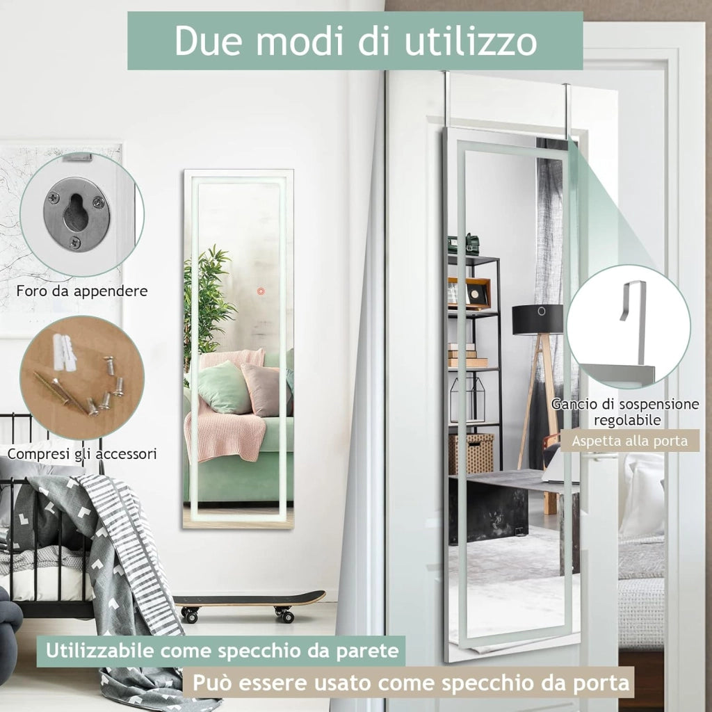 Specchio a Figura con Luci LED, Specchio sulla Porta o sul Muro, 3 Colori Luce Regolabile, Ideale per per Camera da Letto Salone Spogliatoio, 120x37cm, Bianco