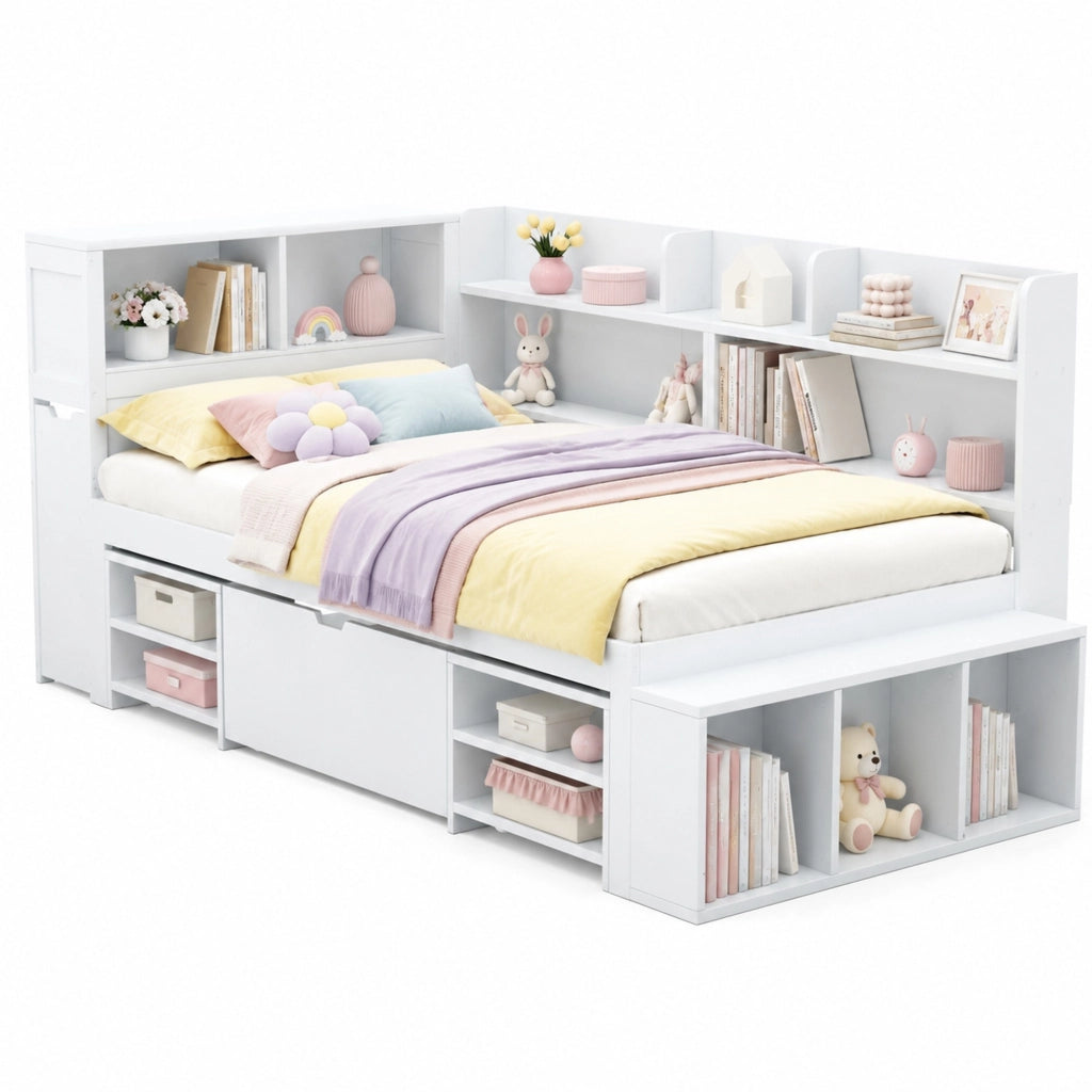 Letto per bambini 90x200 cm con cassetti, libreria e armadietto, con rete a doghe, bianco, senza materasso