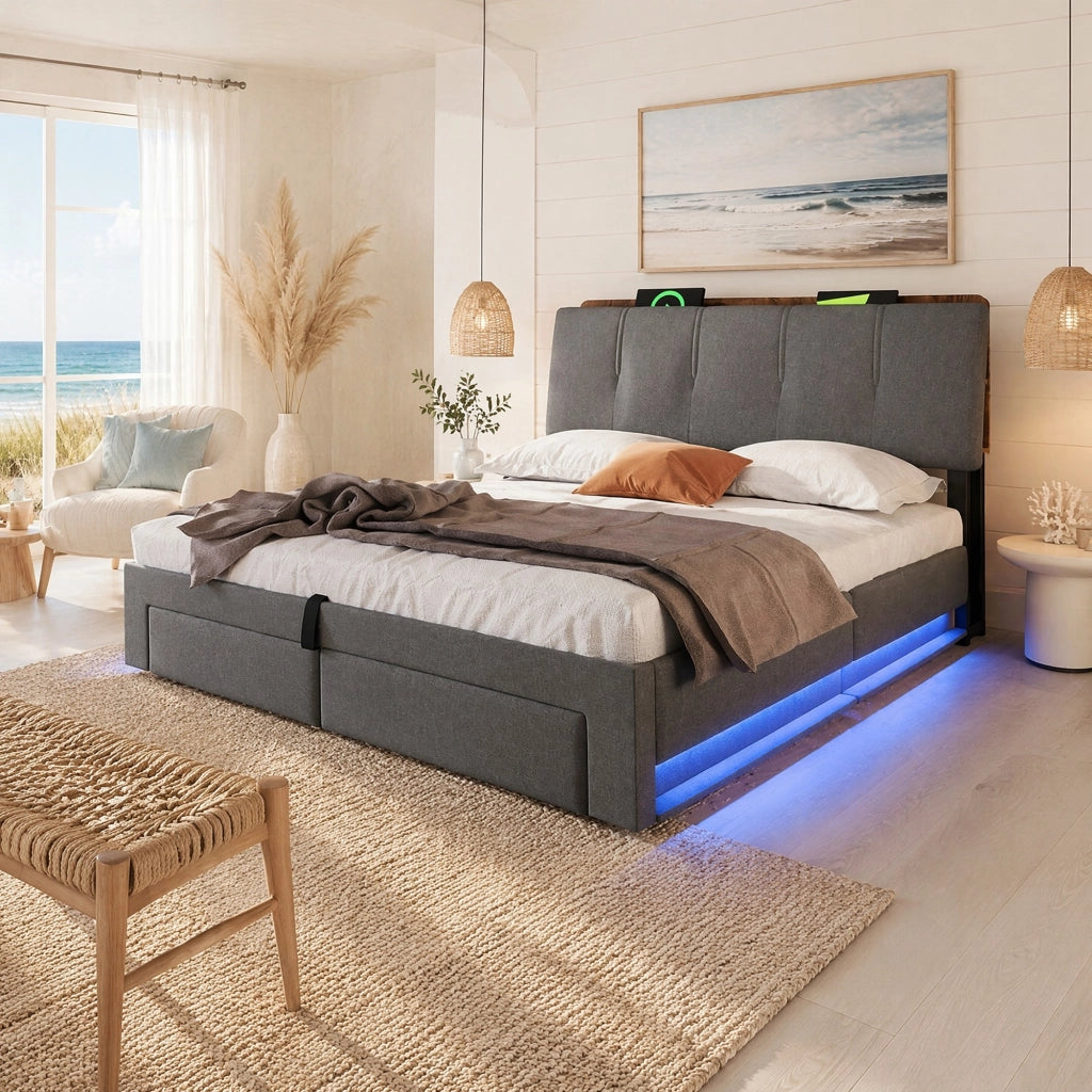 Letto imbottito 140x200 cm in lino grigio con contenitore idraulico; USB-C e LED