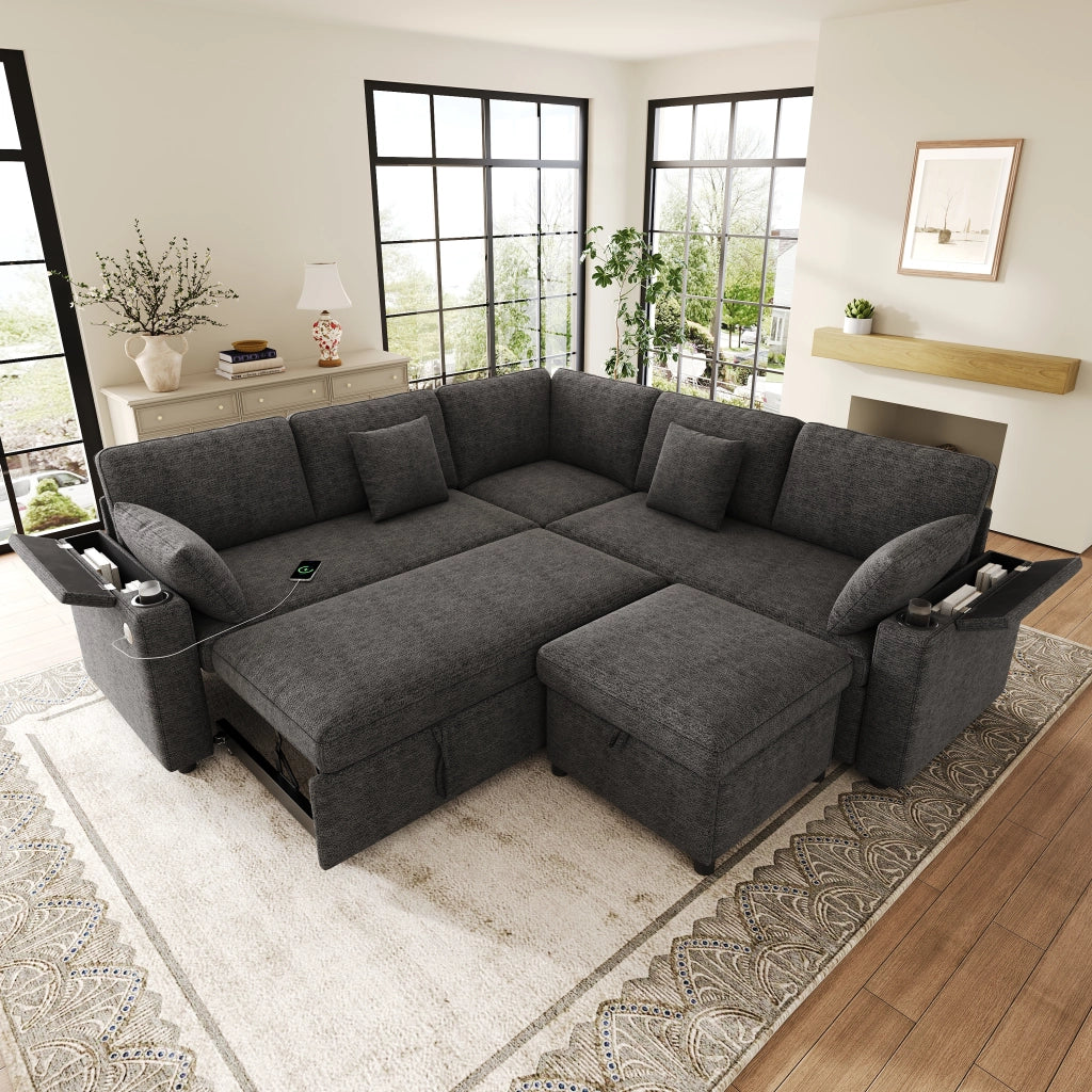 Divano angolare con letto estraibile, pouf mobile, USB e porte bicchieri, contenitori nei braccioli, in ciniglia grigia