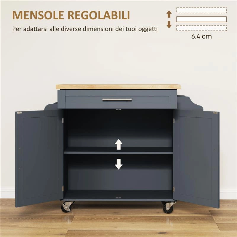 CARRELLO DA CUCINA IN LEGNO CON CASSETTO PORTASPEZIE E ARMADIETTO 109X40X89 CM GRIGIO E COLOR LEGNO
