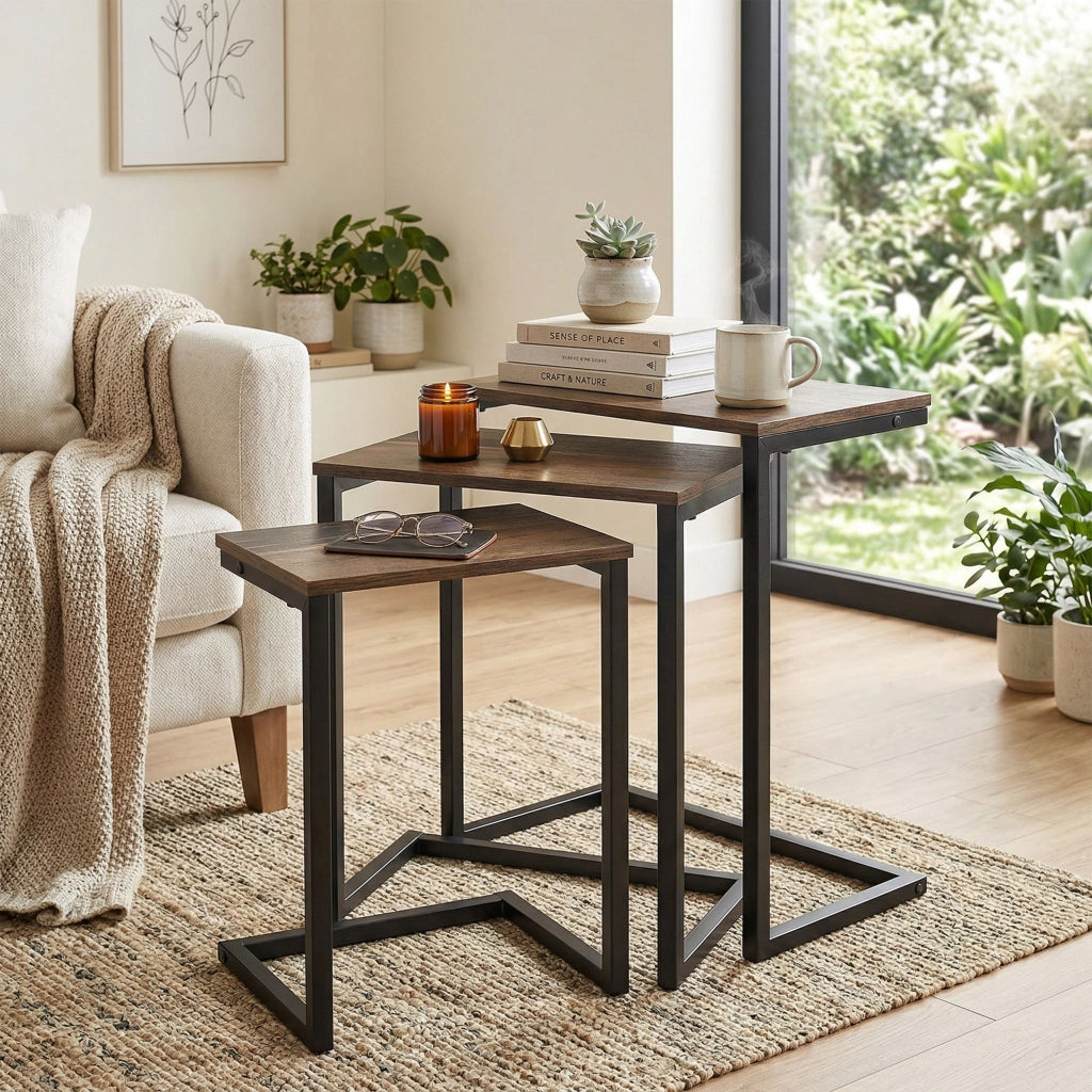 Set 3 Tavolini Impilabili ¨C Xylo ¨C Stile Industrial Legno Marrone e Metallo Nero 45x30x60 cm