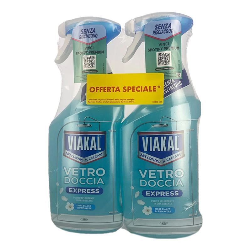 VIAKAL N 1° CONTRO IL CALCARE VETRO DOCCIA EXPRESS PULITO SPLENDENTE CON FIORE BIANCO DI PRIMAVERA 2X 720 ML