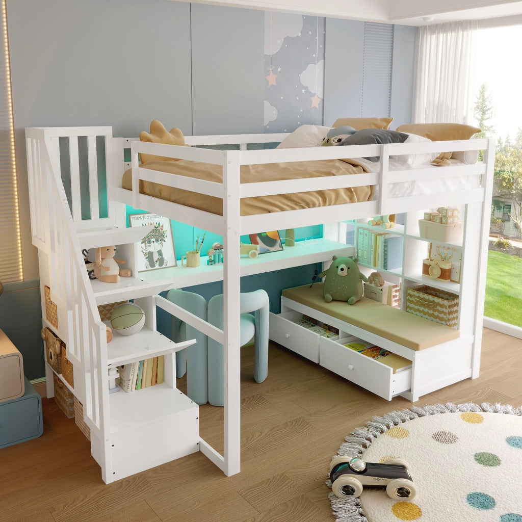 Letto a castello bianco con scrivania e scaffali in MDF e pino 140x200 cm