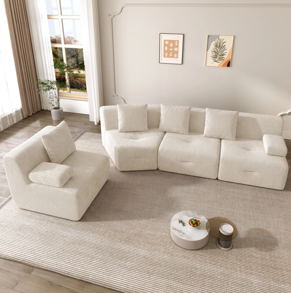 Divano modulare 4 posti in velluto a coste beige chiaro