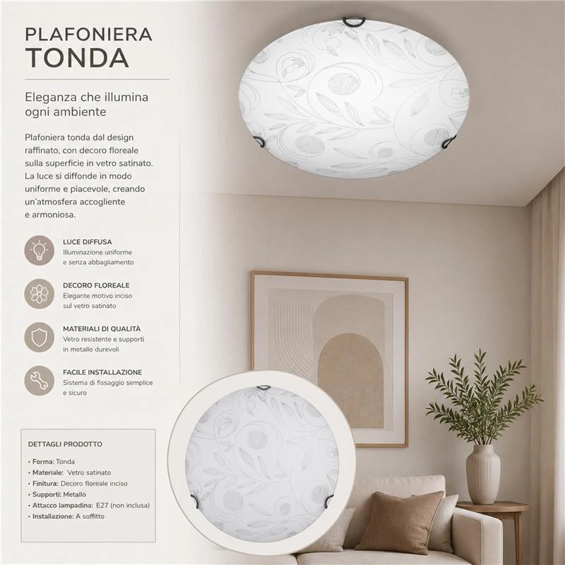 PLAFONIERA CLARA 2XE27 GANCI CROMO VETRO LASTRA BIANCO DECORATO GARDEN Ø40-P.11 CM