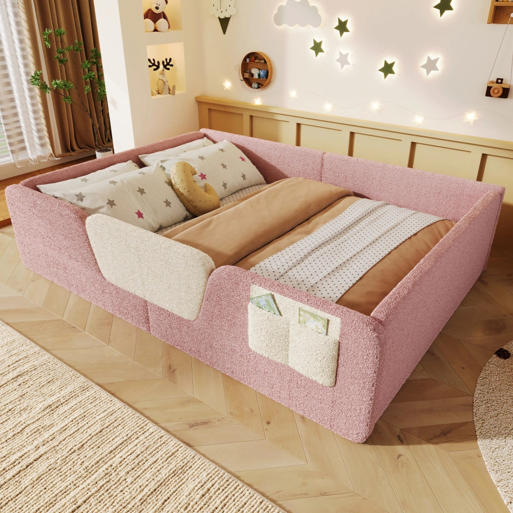 Letto imbottito 140x190 cm con sponde rimovibili e tasca laterale in velluto rosa