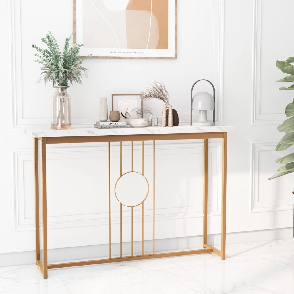 Tavolo console da 120cm con piano effetto marmo e struttura in metallo, Tavolo moderno con cornice dorata Bianco-Consolle