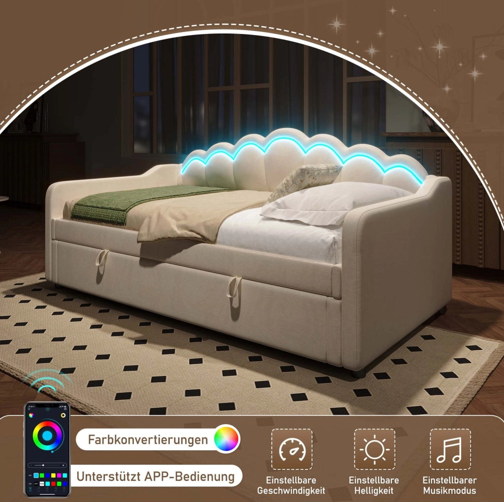 Divano letto con contenitore e LED, in velluto beige, 90x200 cm