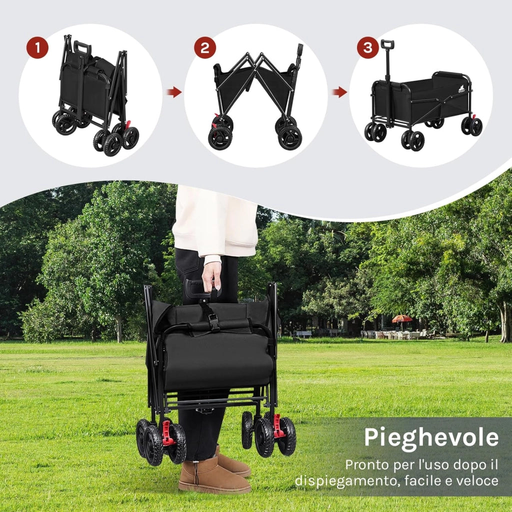 Carrello pieghevole da giardino, per festival, campeggio, picnic, spiaggia, shopping, con 4 ruote doppie universali, chiudibile, tessuto Oxford+metallo, nero