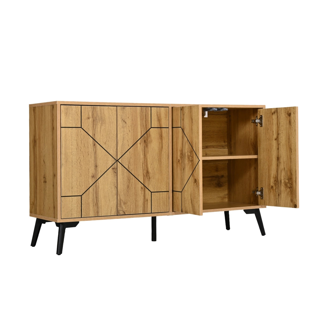 Credenza moderna 120x35x69 cm con 4 ante, 4 scomparti interni, struttura in MDF e gambe in metallo, finitura effetto legno naturale