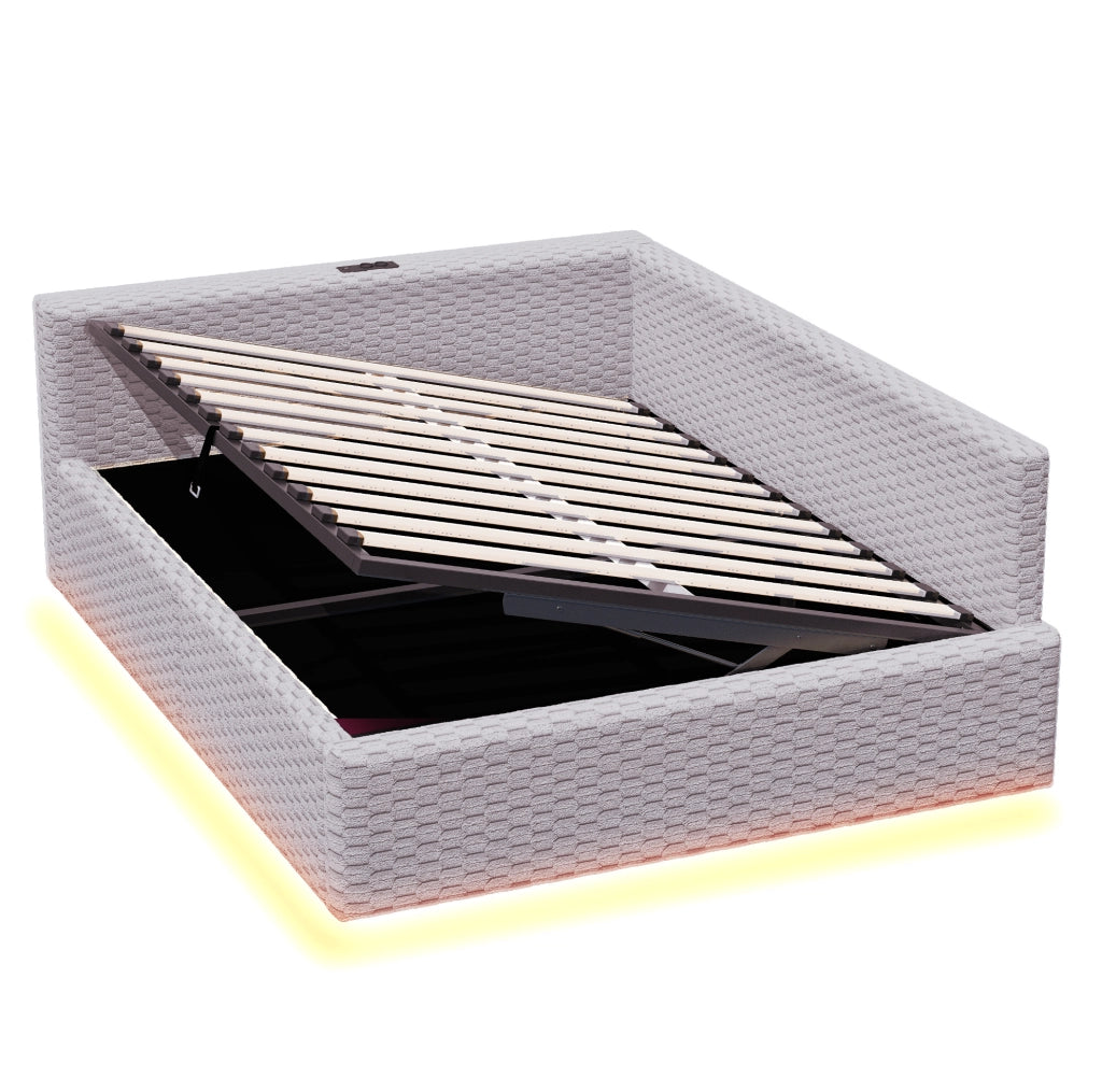 Letto imbottito multifunzione 140x200 cm in velluto grigio con LED; USB e contenitore
