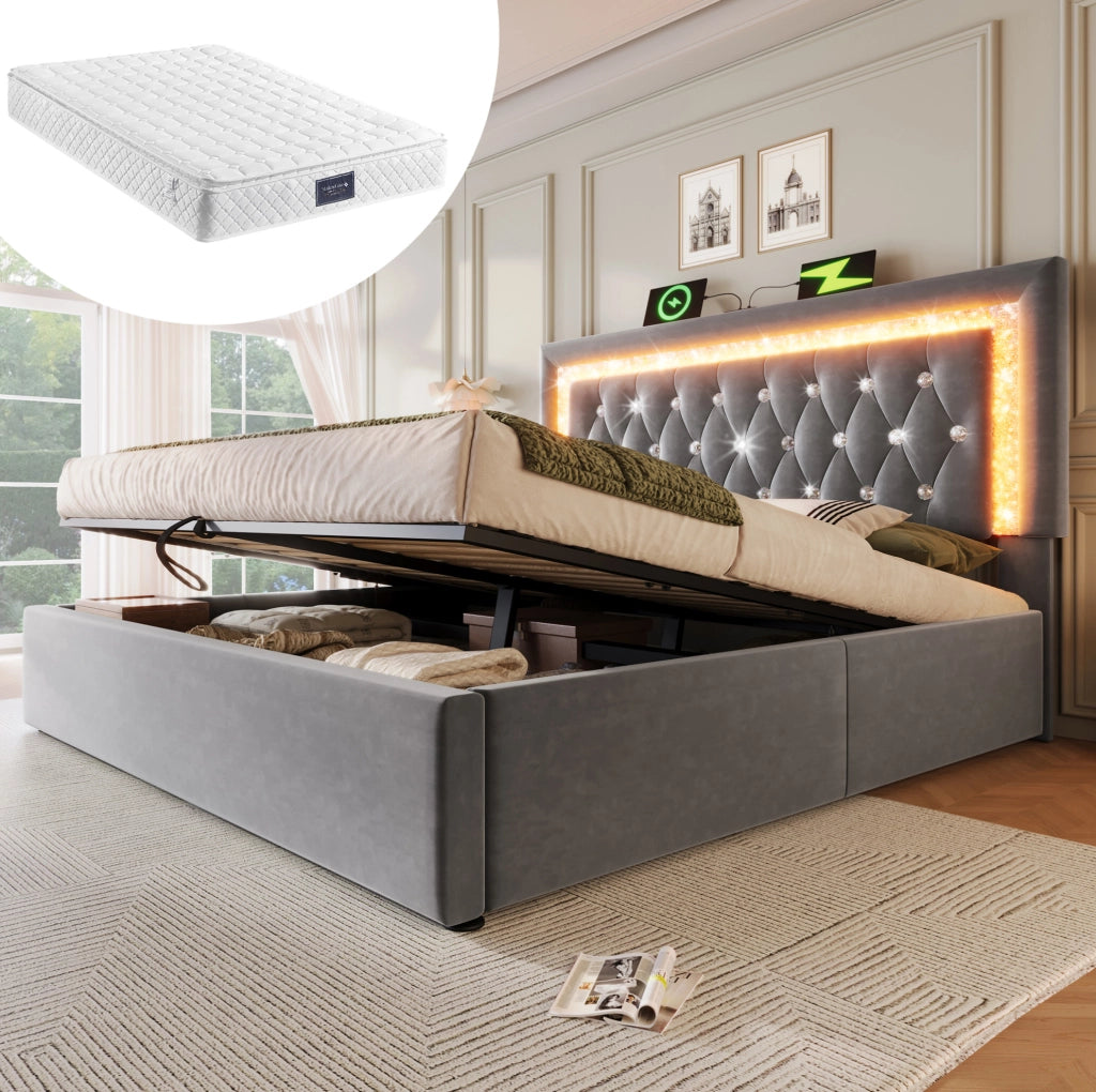 Letto imbottito 140x200 cm con LED, USB e materasso incluso