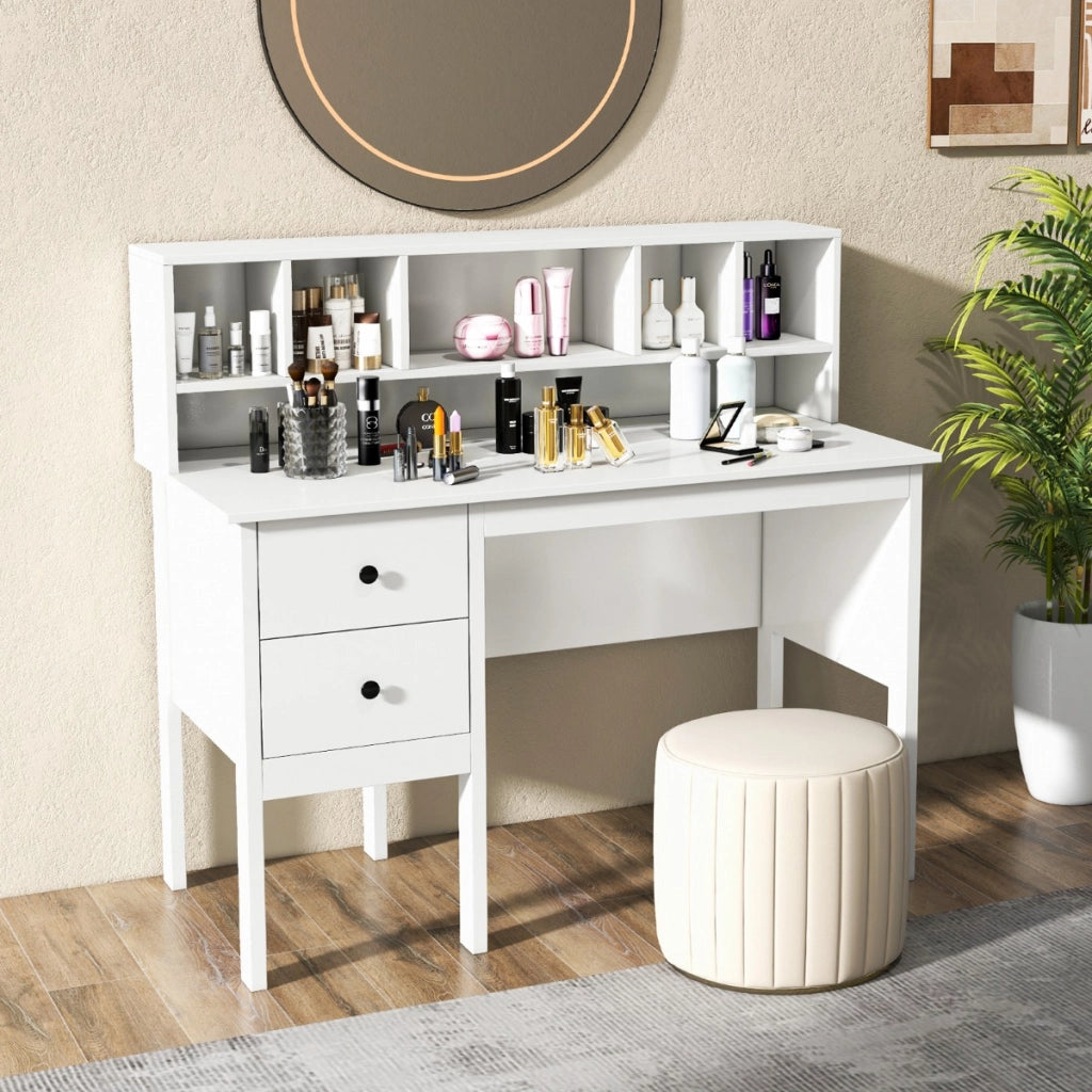Scrivania per computer con prese elettriche, Scrivania da 120cm con 5 vani e 2 cassetti porte USB Bianco